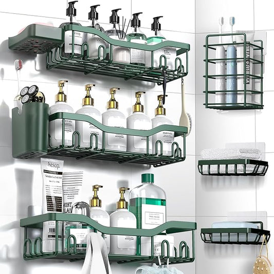 NESOMI Shower Caddy Adhesive Shower Organizer 8-Pack, Rustproof Stainless Steel Bathroom Shelves, Large Capacity No-Drill Rack Storage Accessories with Soap Dish Toothbrush Holder Hooks