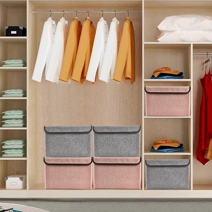 Bagnizer Linen Fabric Foldable Storage Cube Bin Organizer Basket with Flip-Top Lid & Handles, Large Clothes Blanket Box for Home, Office, Closet, Gray & Pink, 4 Pack 14.6 x 9.5 x 9.5”