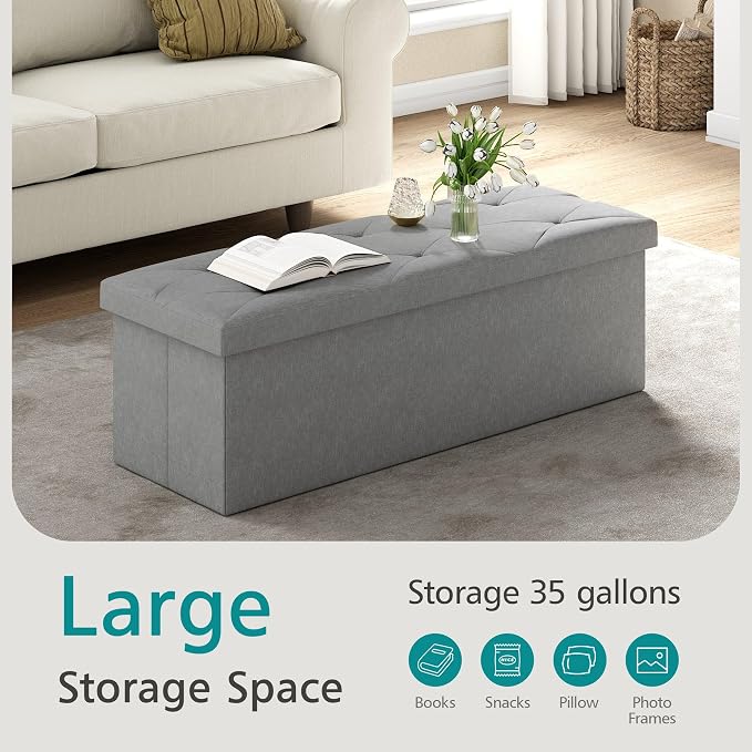 VECELO 43'' Folding Storage Ottoman Bench, Storage Chest, Linen Fabric Foot Rest Stool, 158L Storage Footstools for Bedroom and Living Room, Holds up to 660 lbs, Grey