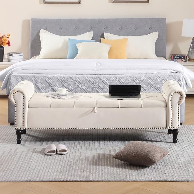 Storage Bed Bench for Bedroom, Velvet 67" End of Bed Benches, King Size Bench with Armrest, Tufted Button Upholstered Ottoman Bench for Living Room, Entryway, Cream White