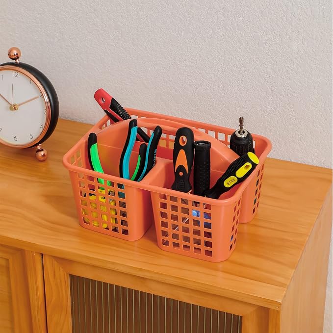 Portable Shower Caddy Basket Plastic Storage Basket with Compartment Orange | Sturdy Large Capacity Cleaning Supplies Organizer Divided Tool Bin for Bathroom Kitchen Bedroom College Dorm Essentials