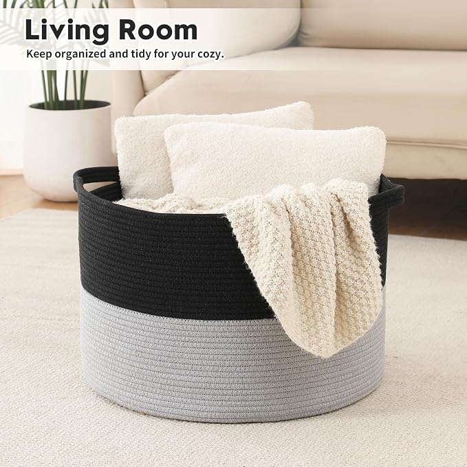 Foldable Laundry Hamper Basket with Collapsible Handle Cotton Rope Soft Woven Fabric Storage Organizer Clothes Toys Nursery Bedroom Dorm Space Saving Bin (Black & Grey, 80L(21.7"D x 13.8"H))