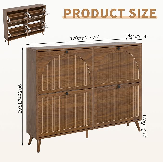 Fsbecl Shoe Storage Cabinet for Entryway with 4 Fluted Flip Drawers, Walnut | Narrow Design, Freestanding Shoe Rack with Adjustment Shelves, Wooden Hidden Organizer for Hallway Foyer, 16-24 Pairs