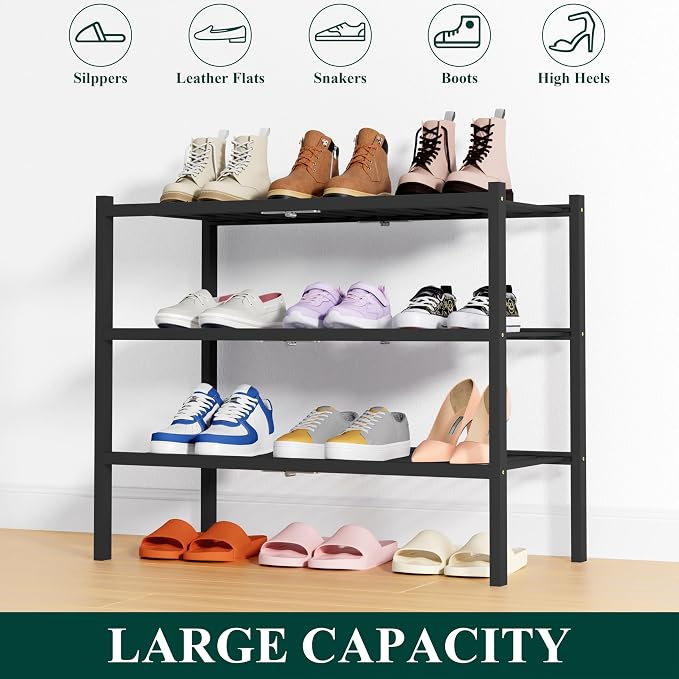 Smiry Bamboo Shoe Rack, 14 Vertical Slats, 3 Tier - 26.8" Wide, Black | Stackable Free Standing Wooden Shoe Organizer, Wood Shoe Storage Shelf for Closet, Entryway, Thicher Leg