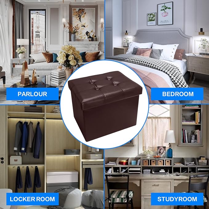 Bsketa 2PC Storage Ottoman, Folding Foot Stool with Thicker Foam Padded Seat Small Leather Storage Ottoman Bench Foot Rest for Living Room Foldable Coffee Table 17x13x13in,Brown | Ottoman with Storage, Thicker Foam Padded Seat, Living Room, Dorm, Bedro...