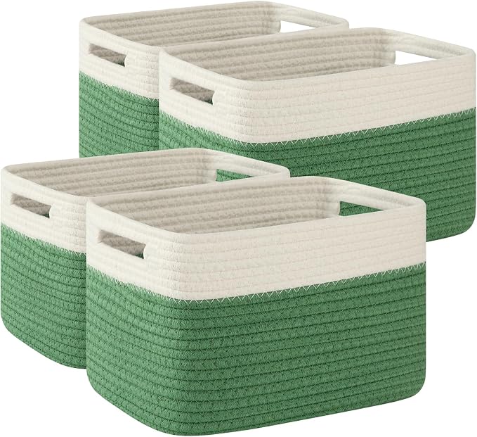 OIAHOMY 4 Pack Storage Basket, 13"x9"x7.8" Cotton Rope Baskets for Shelves, Closet Organizer for Bedroom & Living Room, Soft Decorative Bins for Organizing Towels, Books & Toys, Olive Green & White