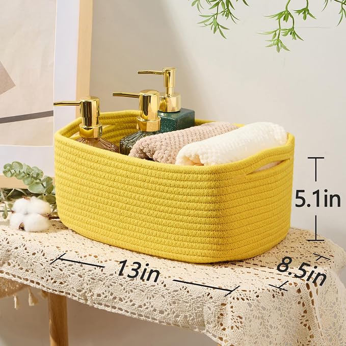 MiniArk Small Storage Baskets for Organizing | Closet Organizer Bins | Shelf Toy Basket | Woven Rope Baskets | Cube Decorative Box | Shallow Basket | 13x8.5x5.1” | 4 Packs Yellow