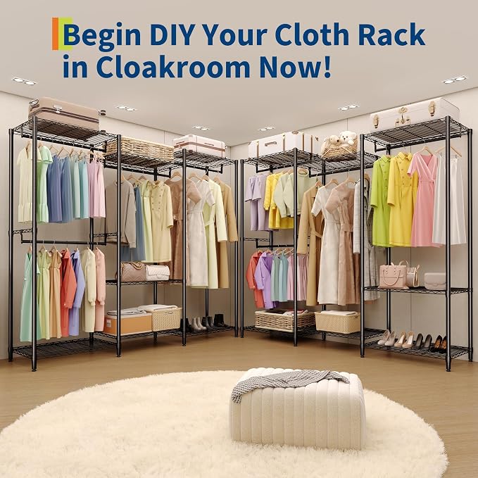 Clothes Rack, Free Standing Garment Rack for Hang Clothes, Adjustable Clothing Closet with 4 Sturdy Rods & 7 Storage Shelves, Portable Wardrobe Racks & Easy Assembly, 76.5"H x 67.6"L x 15.5"W ﻿ ﻿
