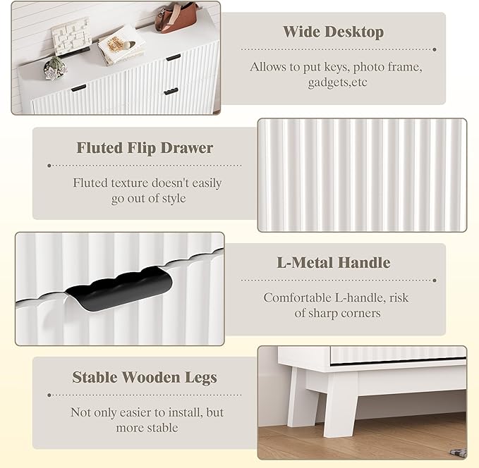 HUANLEGO Shoe Cabinet Storage for Entryway with 6 Flip Drawers, Fluted Narrow Shoe Organizer with Wooden Legs, Freestanding Slim Shoe Storage Hidden Shoe Rack Organizer for Front Door Entrance, White