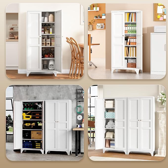 Yizosh Metal Storage Cabinet with 2 Doors and 4 Adjustable Shelves - 61" White Kitchen Pantry Storage 5-Tier Tall Steel Cabinets Locker for Kitchen, Living Room, Dining Room