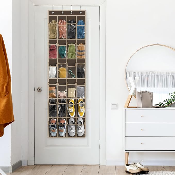 Simple Houseware 24 Pockets Clear Over the Door Shoe Organizer, Brown | 64" x 19", 4 Durable Metal Hooks, 4.3" x 9.5" Pocket Size, Multipurpose