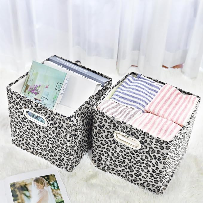 ANMINY Leopard Cheetah Print Storage Cubes Bins, Velvet, Gray, 11Inch 8PCS | Collapsible & Washable, PP Board Frame, Built-in Metal Handles, Animal Themed Fabric Cubes Baskets for Closet Shelves Decor
