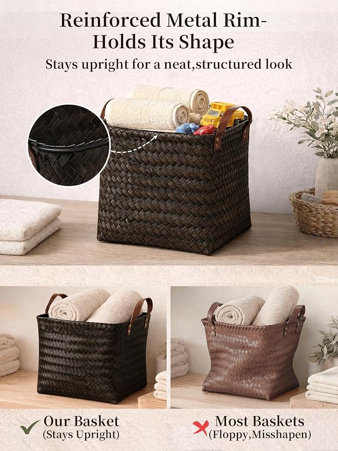 Wicker Storage Baskets, 4 Pack Woven Baskets for Shelves, Dark Gold | PP Rattan, Water-resistant Wicker Basket, Large Baskets with Faux Leather Handles for Blanket, Laundry Organizer, Room Decor