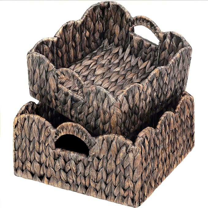 Scalloped Baskets (Natural-Set of 2) Basket Living Room Organizer, Water Hyacinth Baskets For Decor, Woven Basket Boho Style for Bathroom, Bedroom, Laundr,...Iron Frame.