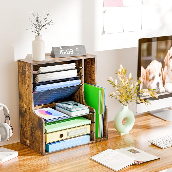 Simple Trending 7- Tier Desk File Organizer, Paper Organizer, Rustic Brown | Adjustable Letter Trays, Wooden Desk Accessories with Side File Holder, for Office Home Classroom, 16"L x 9"W x 17"H