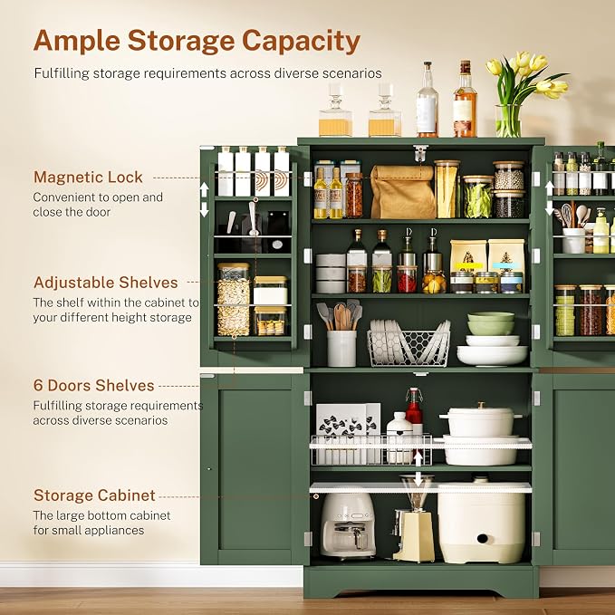 51" H Pantry Cabinet with 4 Doors, Kitchen Cabinet with 6 Door Shelves, Kitchen Pantry for Living Room, Dining Room, Bathroom, Green