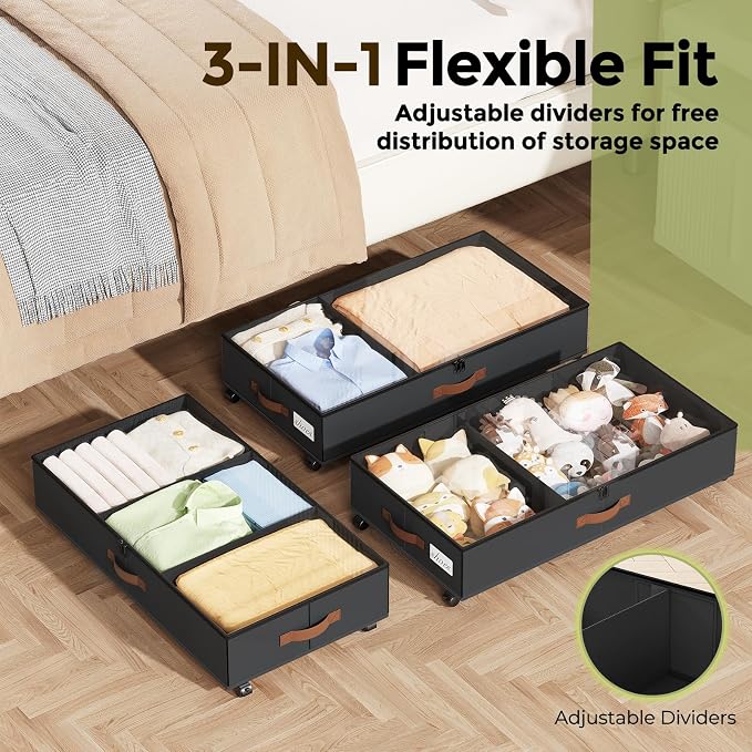 LAMU Under Bed Storage with Wheels, 2 Pack Under Bed Storage Containers with Clear Lids & Label, Rolling Under Bed Drawers for Clothes, Shoes, Blankets, Black