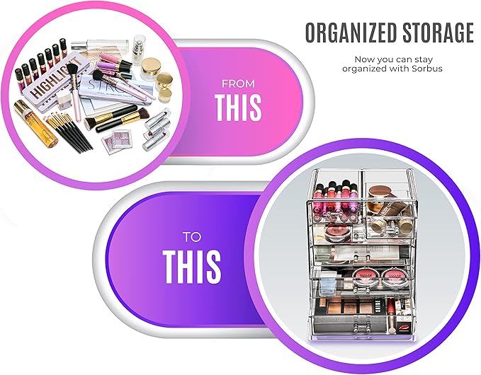 Sorbus Acrylic Makeup Organizer Set, 6-Drawer Vanity & Countertop Cosmetic Storage with Small & Wide Drawers, Black Jewel Makeup Storage for Brushes, Lipsticks, Jewelry, Holiday Gift for Women & Teens