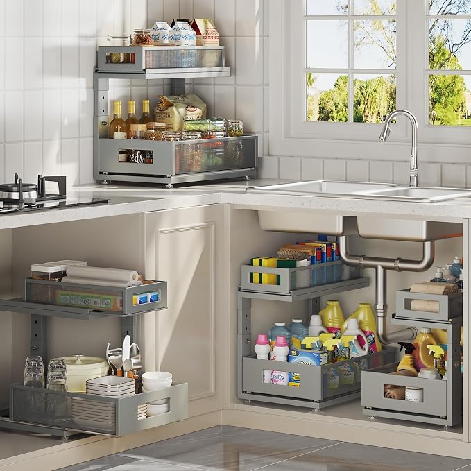 2 Pack 15.74IN-Depth Under Sink Organizer With Next-Gen Ball-Bearing Slides,2-Tier Pull Out Cabinet Storage,Height Adjustable Drawer Shelf for Bathroom,Kitchen,Laundry,Cabinet,Pantry-Gun Gray