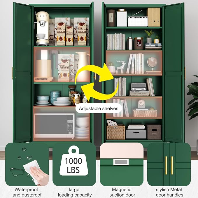 PAOFIN Kitchen Pantry Storage Cabinet with Doors and Adjustable Shelves, Metal ClosetMaid Food Pantry Cabinets, 75" Tall Freestanding Cupboard for Kitchen, Laundry or Utility Room, Green