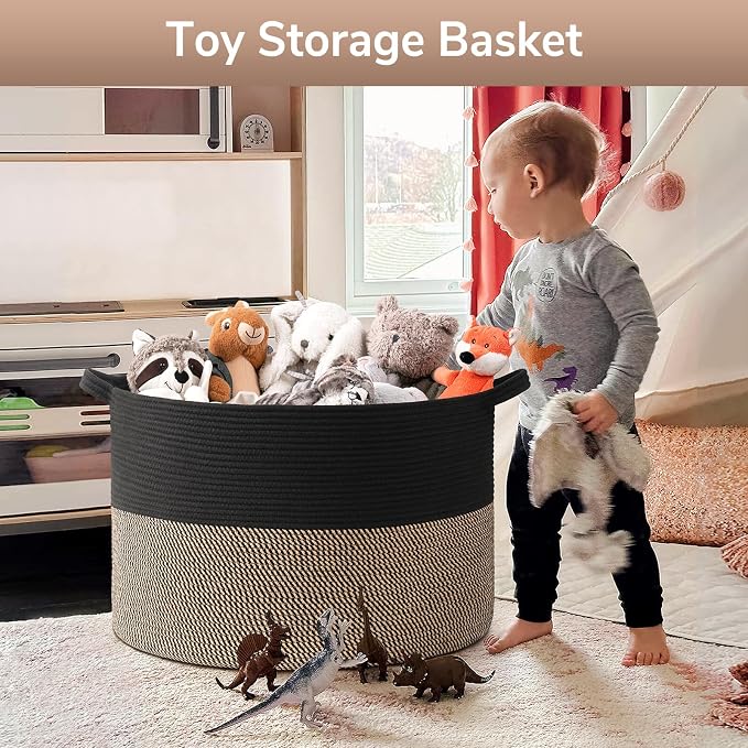 Goodpick 115L Extra Large Blanket Basket, Kids Toy Storage for Nusery Room | 23.5 x 23.5 x 15.8 In Woven Basket for Storage, Kids Toy Storage for Playroom, Laundry Basket for Towels, Black & Mix Jute