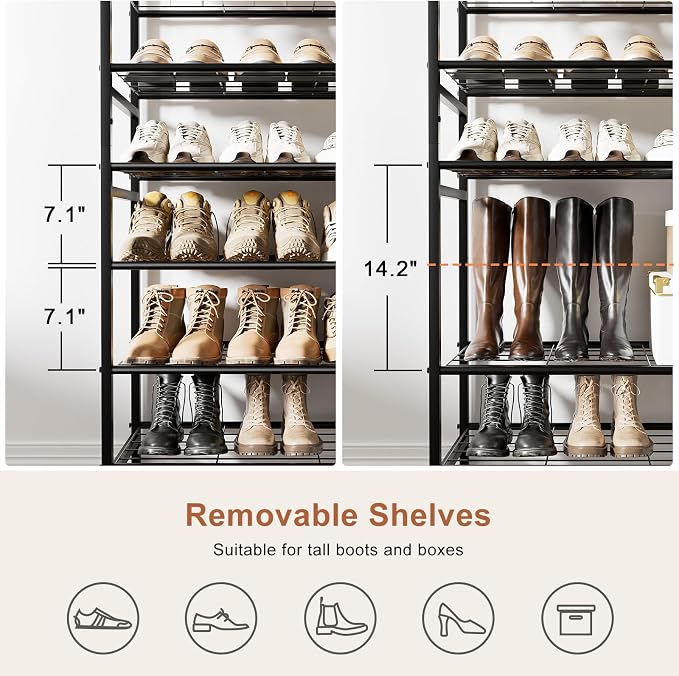 12 Tier Metal Shoe Rack with Wood Top, 40-48 Pairs Rustic Brown | Tallest 77.5in for maximum storage. 3 iron sheets for heels. Removable layer fits tall boots. Display top.