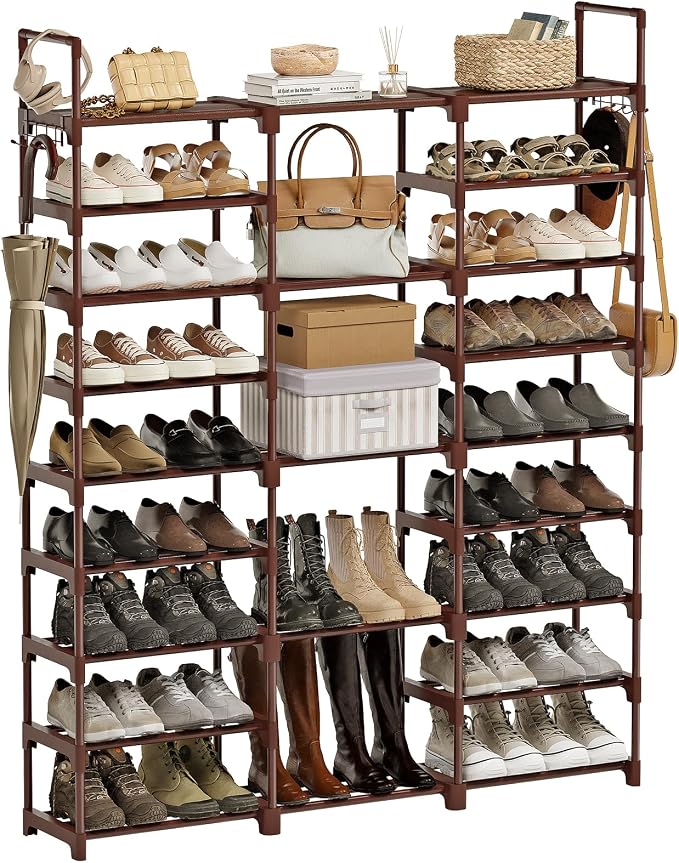 WOWLIVE 9 Tier 3-Column Shoe Rack, 50-55 Pairs Stackable Brown | 50in long for larger entryways. Removable shelves fit tall boots. Split into multiple units for garage/closet.