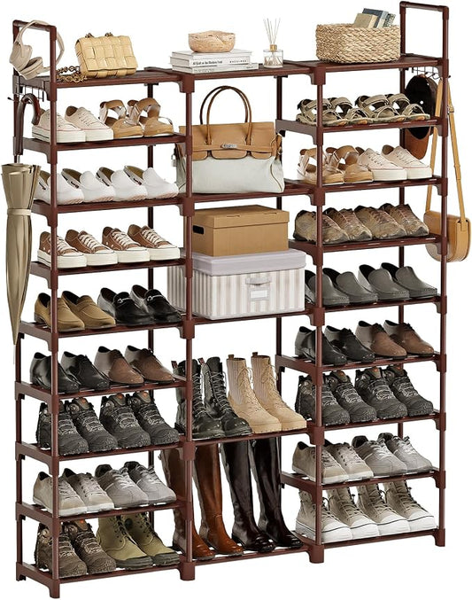 WOWLIVE 9 Tier 3-Column Shoe Rack, 50-55 Pairs Stackable Brown | 50in long for larger entryways. Removable shelves fit tall boots. Split into multiple units for garage/closet.
