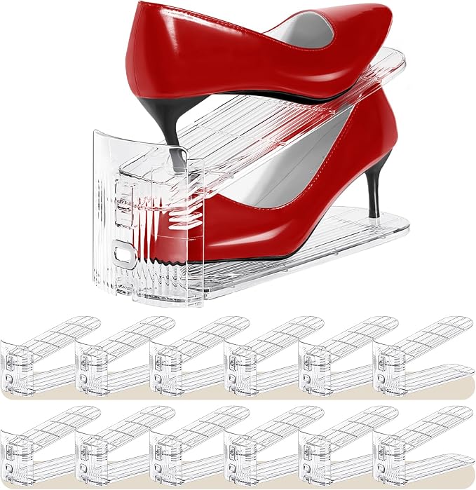 Shoe Slots Organizer 12 Pack - Shoe Stacker,3 Levels Adjustable,Space Savers 50%,Double Layer Holders for Closet (Transparent),Organizador de Zapatos