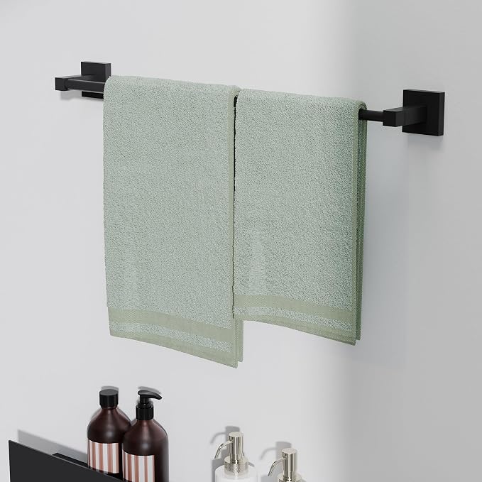 RUACQ Adjustable Towel Bar, Towel Racks for Bathroom Wall Mounted, Black | Adjust 13.8 to 24 inch Single Towel Rod, Bath Towel Holder, 304 Stainless Steel, Rustproof, Square Base, Heavy Duty, Modern