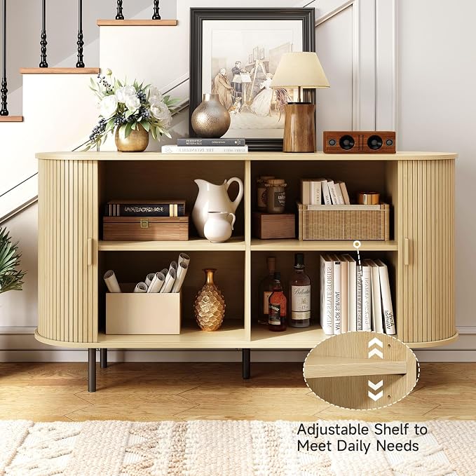 55" Sideboard Buffet Cabinet with Storage, Sliding Door & Adjustable Shelf, Modern Accent Coffee Bar Console Table for Kitchen, Entryway, Oak