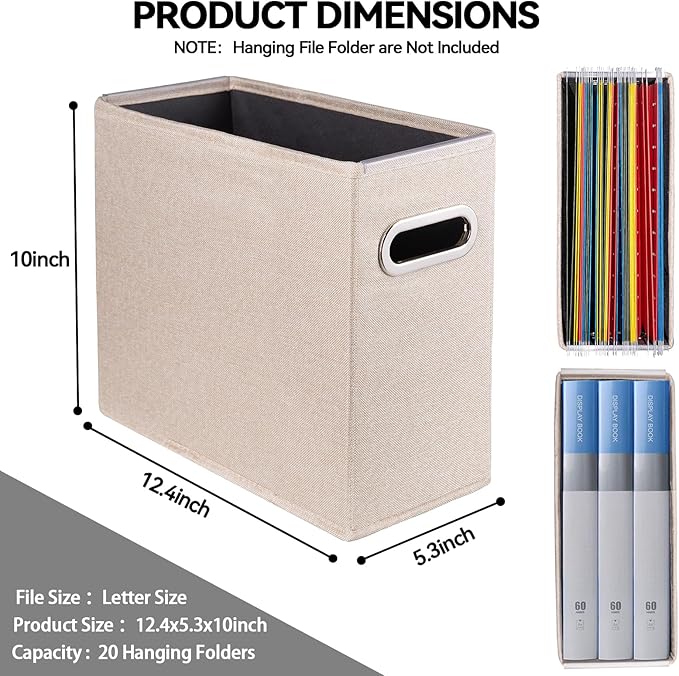 8 Pack Letter Size File Storage Box Collapsible，Fabric Hanging File Folders Organizer, Portable Office Document Holder with Metal Handle, Smooth PVC Rails, Beige