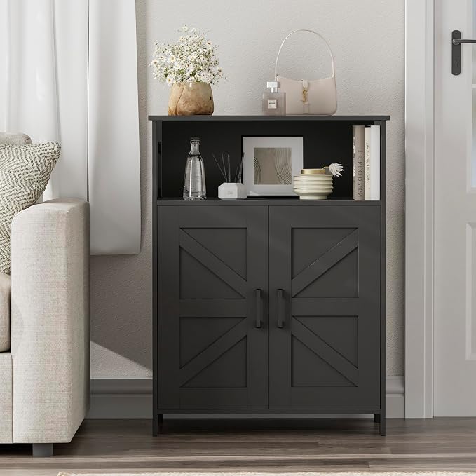 Homhedy Farmhouse Bathroom Storage Cabinet with Doors, Small Floor Cabinet | Toilet Paper Cabinet with Adjustable Shelf, Freestanding Storage Cabinet for Kitchen/Laundry/Living Room, 24"W, Black