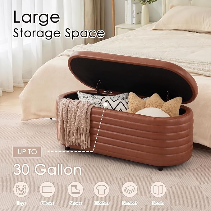 Storage Ottoman Bench Upholstered PU Leather End of Bed Stool with Safety Hinge for Bedroom, Living Room, Entryway (45.5-inch, Brown)