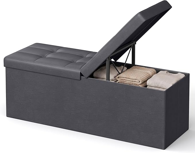 SONGMICS Home Foldable Foot Rest Stool, Storage Ottoman, Tufted Design, PU Leather, Easy Assembly and Cleaning, for Entryway, Living Room, Bedroom, 43.2 Inches, Dark Gray