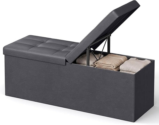SONGMICS Home Foldable Foot Rest Stool, Storage Ottoman, Tufted Design, PU Leather, Easy Assembly and Cleaning, for Entryway, Living Room, Bedroom, 43.2 Inches, Dark Gray