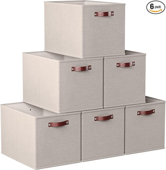 Ornavo Home 13x15x13 Foldable Fabric Storage Cube Bins, 6 Pack, Beige | Collapsible Linen Shelf Basket Organizer; Leather Handles; Fits Cube Storage Shelving Units