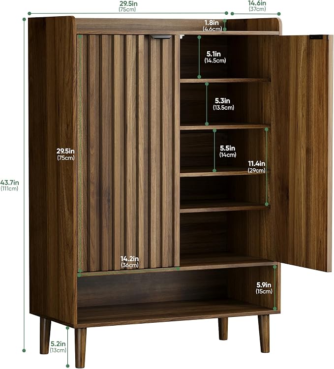 Smart FENDEE Large 6-Tier Shoe Storage Cabinet with Fluted 2 Doors, 44" Tall Freestanding Entryway Shoe Cabinet with Adjustable Shelves,(Walnut