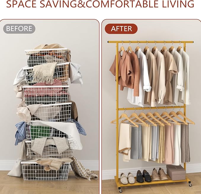 Sywhitta Double Rod Metal Clothing Rack on Wheels with Bottom Mesh,Gold | Rolling Garment Organizer, for Hanging Clothes,Coats,Easy to Assemble,Space-Saving,Mobile Organizer for Closet