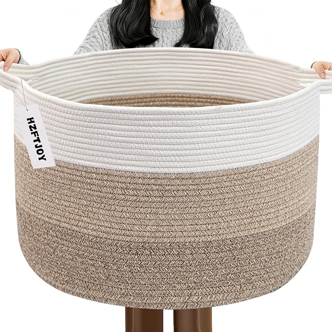 90L Extra Large Blanket Basket,Woven Rope Laundry Basket-Mix Brown | Collapsible Nursery Storage Bin with Sturdy Handles, Organizes Clothes, Toys and Pillows for Living Room, Bedroom, Bathroom