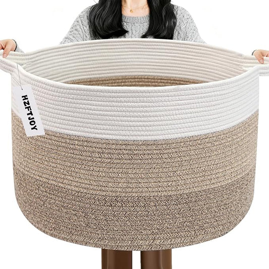 90L Extra Large Blanket Basket,Woven Rope Laundry Basket-Mix Brown | Collapsible Nursery Storage Bin with Sturdy Handles, Organizes Clothes, Toys and Pillows for Living Room, Bedroom, Bathroom