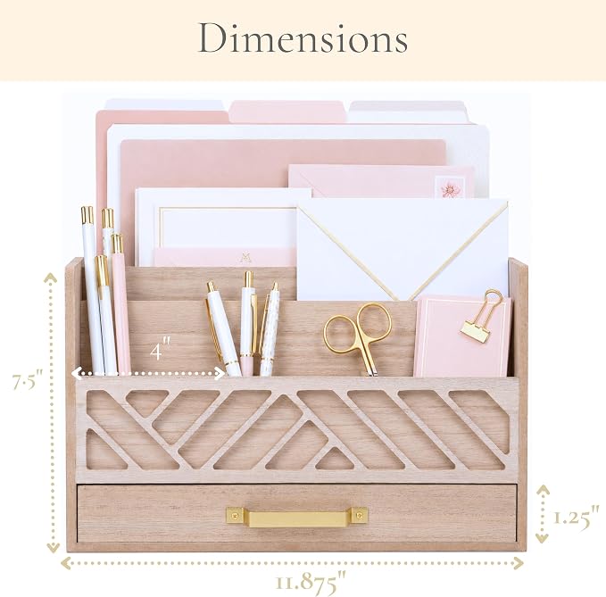 BLU MONACO | Wooden Mail Organizer with Drawer and Gold Handle | Outgoing Mail Holder and Letter Sorter for Desk | Natural Wood Desktop Paper Organizer
