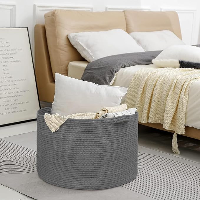 Large Dark Grey Storage Basket, Woven Cotton Rope Baskets for Storage, Big Blanket Organizer Storage Basket for Living Room, Kids Room Toy Storage Organizer Box, Blanket Keeper (22"x14")