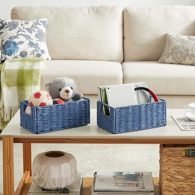 Vagusicc Wicker Storage Basket, Set of 2 Hand-Woven Paper Rope Wicker Basket, Small Storage Baskets for Organizing Toilet Paper, Foldable Large Cube Storage Organizer Bins for Shelves (Blue)