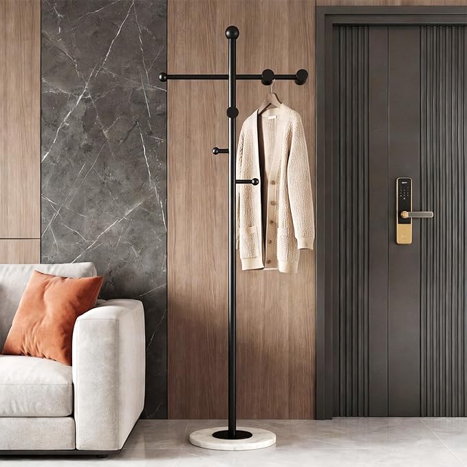 68.9 Inch Tall Modern Coat Rack,Black Coat Tree Freestanding,Heavy-Duty Metal Coat Rack Freestanding with Sturdy Marble Base for Entryway,Hallway,Bedroom,Holds Coats Hats Bags Scarves
