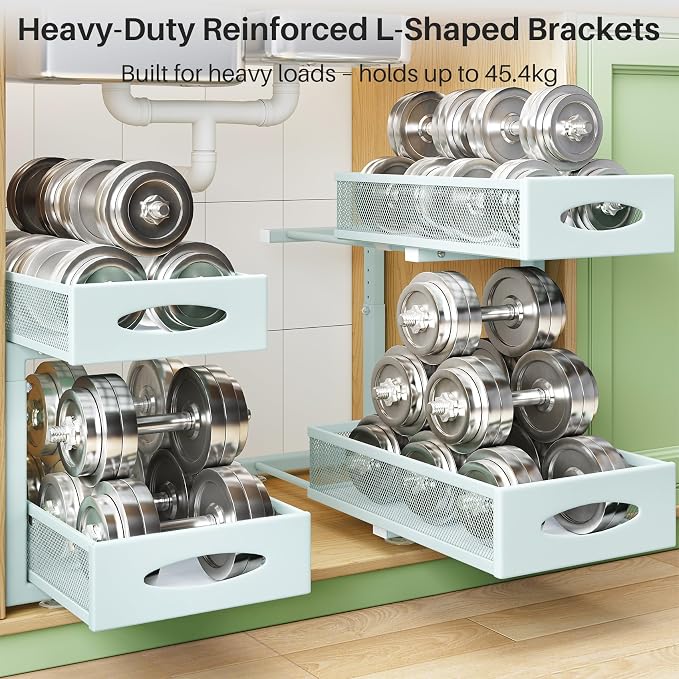 Under Sink Organizer, 2 Tier Pull out Cabinet Organizer Baskets with Mesh Sliding Drawers, Slide out Storage Shelf for Home, Kitchen, Bathroom, Pantry, Office Cabinet(1 Pack, Blue)