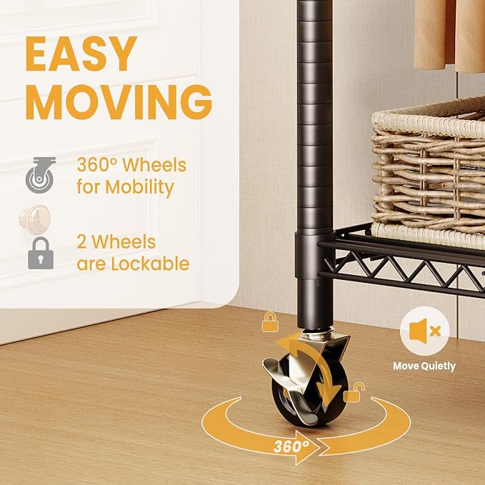 3 Tier Clothes Rack 727LBS Load Wardrobe Closet with Wheels & Adjustable Shelves & 2 Hanging Rod for Hanging Clothes 79.7" H x 45.2" W x 15.8" D Black