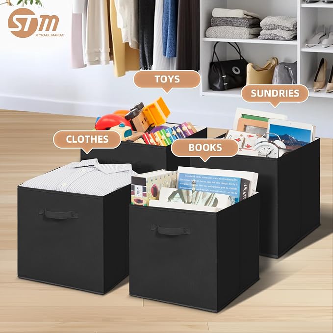 STORAGE MANIAC Storage Cubes, 13 Inch Collapsible Storage Bins with Handles, 4 Pack Fabric Foldable Bins for Organization, Durable Storage Bins for Closet, Shelves, Offices, 4-Pack Black