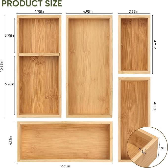 Vincona Bamboo Drawer Organizers Set, 5-Piece Multi-Use Wood Storage Organizers, Desk Drawer Tray for Kitchen, Bathroom, Office, Dresser, Bamboo Box Bin for Jewelry, Makeup, Junk, Gadgets