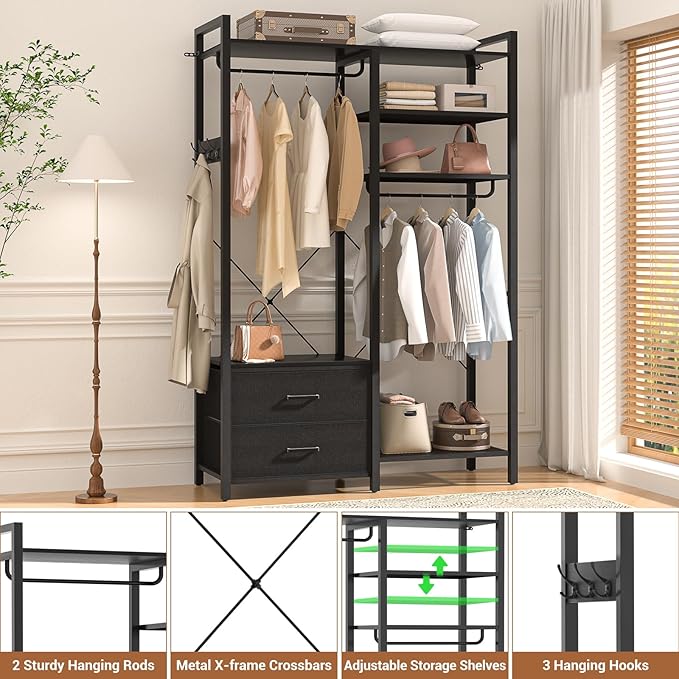 Besiost 78.7'' Clothes Rack for Hanging Clothes - Reversible Clothing Rack with 4 Drawers, Heavy Duty Garment Racks with Shelves, 6 Tiers Freestanding Portable Closet Wardrobe System, Set of 2 Black